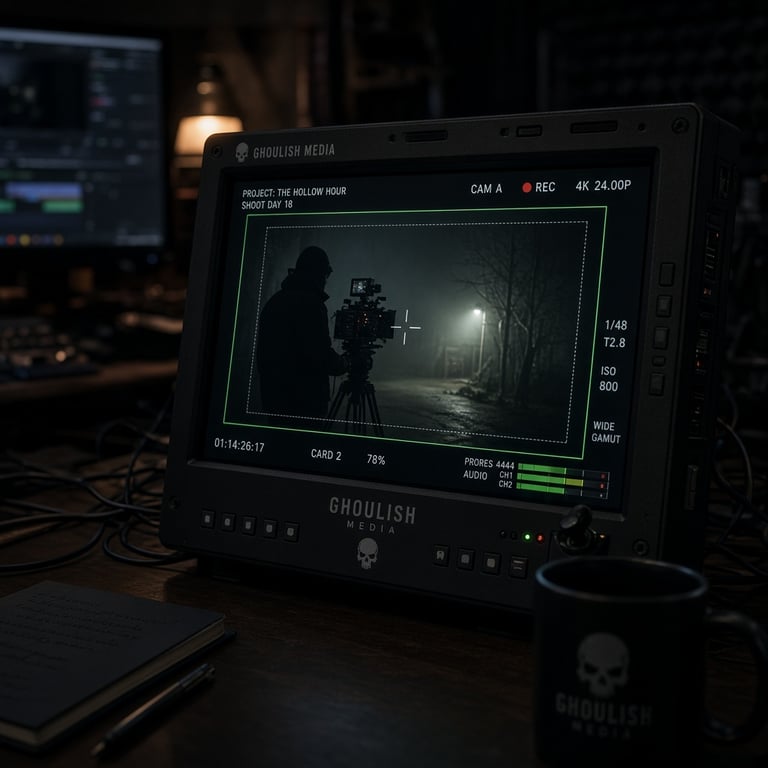 Film production monitor glowing in a dark edit suite
