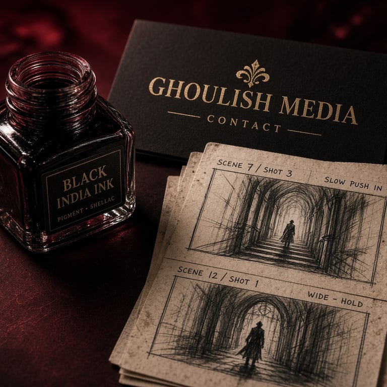Storyboard cards and ink in burgundy studio light