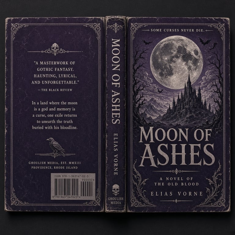Dark fantasy book jacket with engraved moon